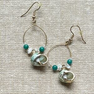 Green Seashell Dangle Earrings with Gold Tone Accents